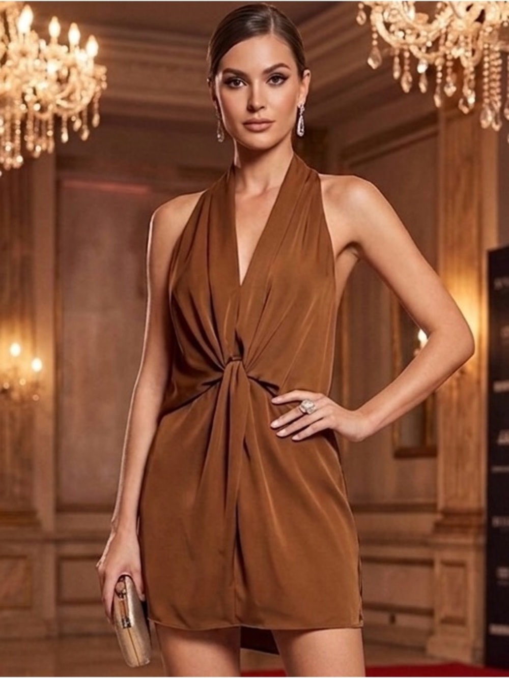 Ramy Brook Knotted Marie Bronze Satin Halter Mini Dress Medium Wedding Cocktail